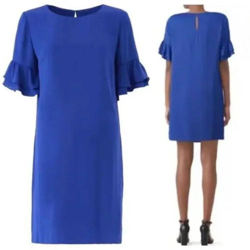 Amanda Uprichard Cobalt Blue Mini Shift Dress Ruffle Sleeve 30869